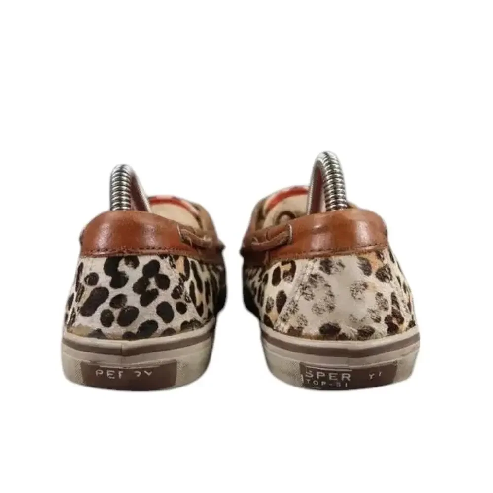 Sperry Shoes Womens 8.5 Top Sider Boat Deck Leather Leopard Print Fashion Preppy